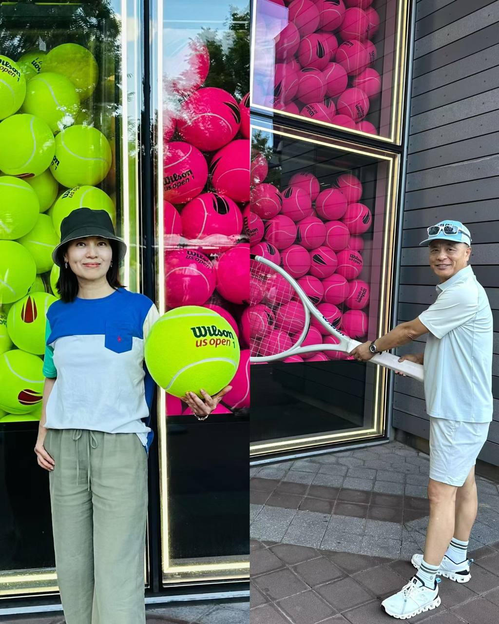 Jing 和 Jun 在美网网球装置前留影。